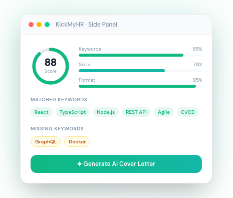 KickMyHR side panel scoring a resume 88 out of 100 against a job, with matched and missing keywords