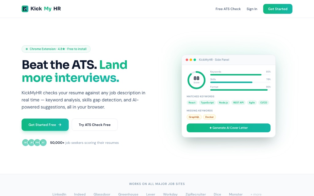 KickMyHR homepage — Beat the ATS, land more interviews, with the resume score side panel