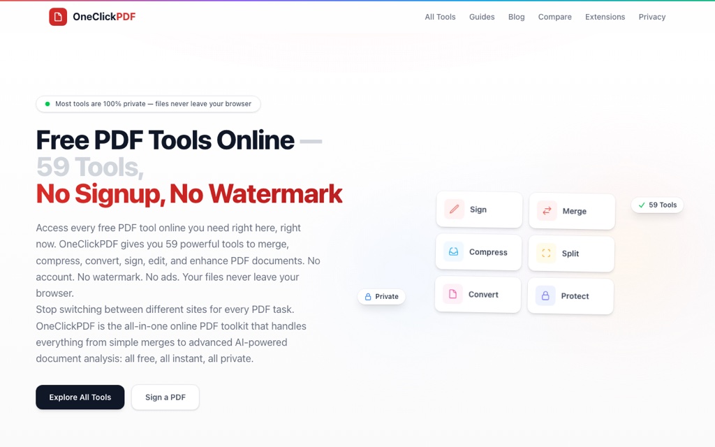 OneClickPDF homepage — free PDF tools online, 59 tools, no signup, no watermark