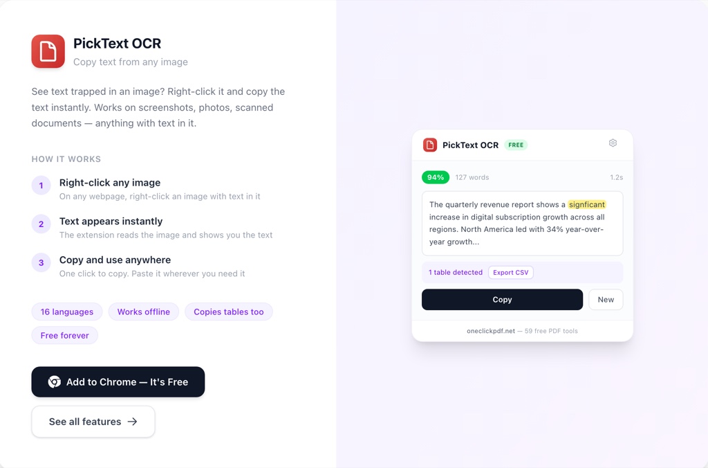 PickText OCR — copy text from any image: right-click, text appears instantly, copy and use anywhere