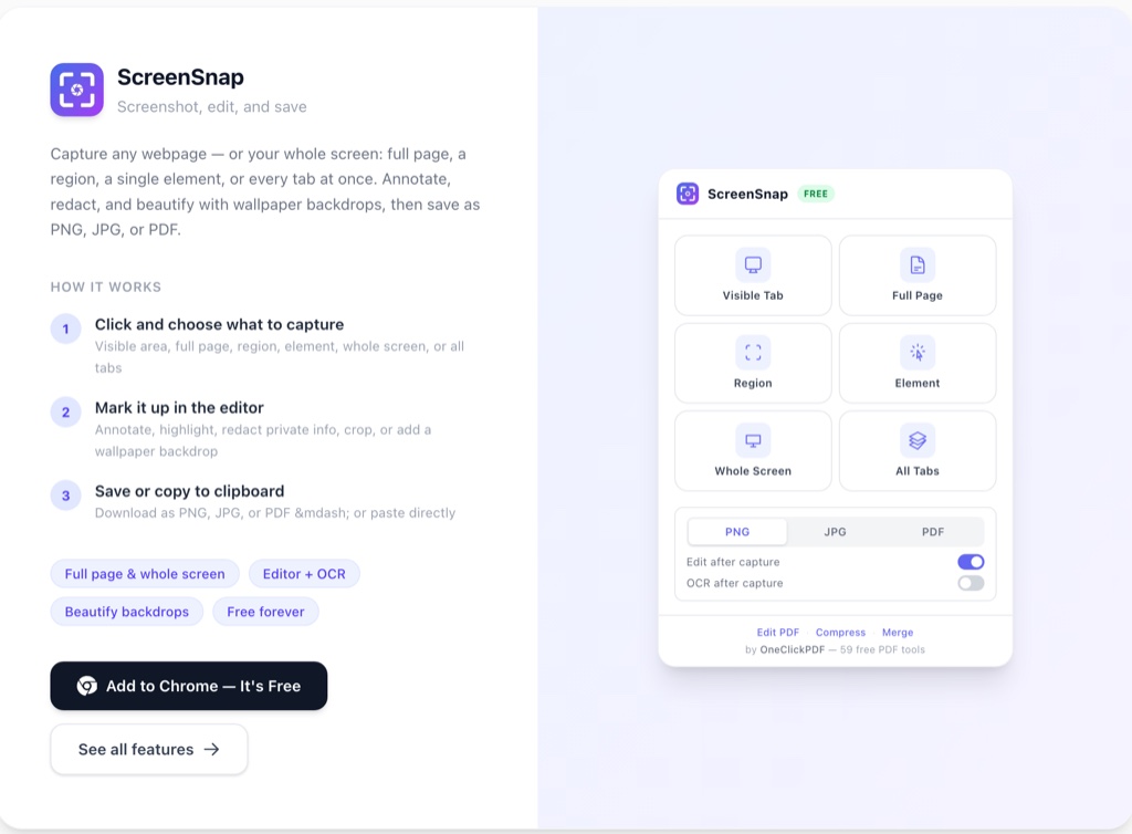 ScreenSnap — screenshot, edit, and save: capture modes for visible tab, full page, region, element, whole screen, or all tabs